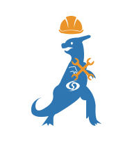 dinosaure bleu tient deux clés à mollette et porte un casque