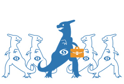 dinosaure bleu portant une mallette guide quatre dinosaures blancs